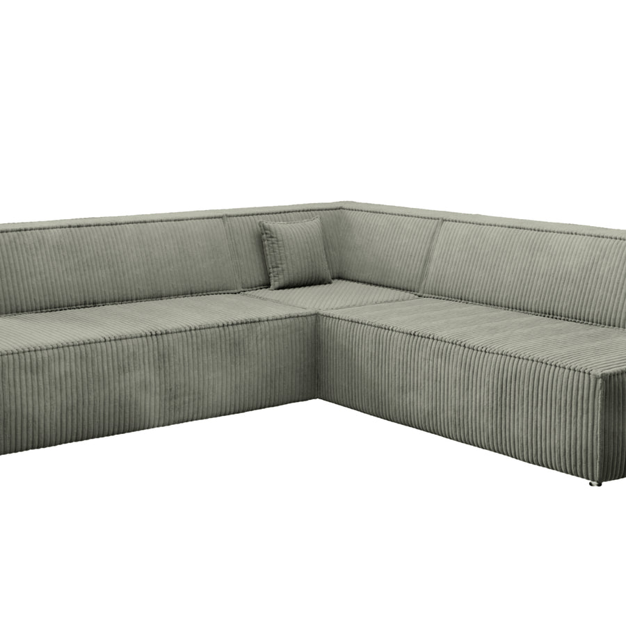 Vue de face du canapé Laria d'angle en tissu gris clair avec coussins.