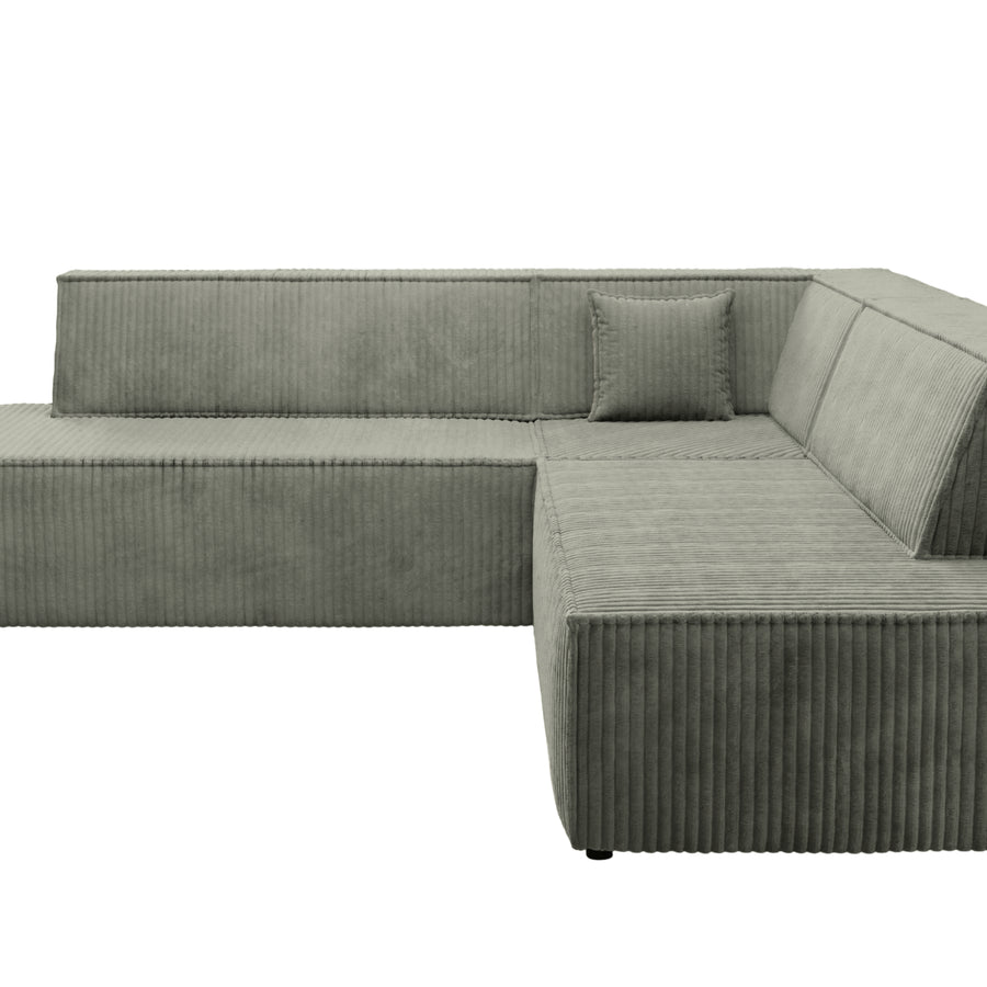 Vue trois-quarts du canapé Laria d'angle en tissu gris nervuré.