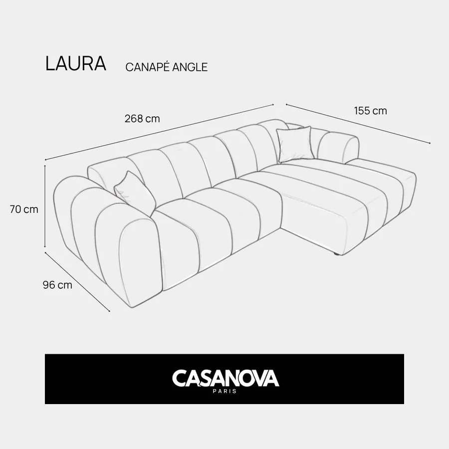 Schéma technique du canapé Laura angle avec dimensions détaillées et proportions