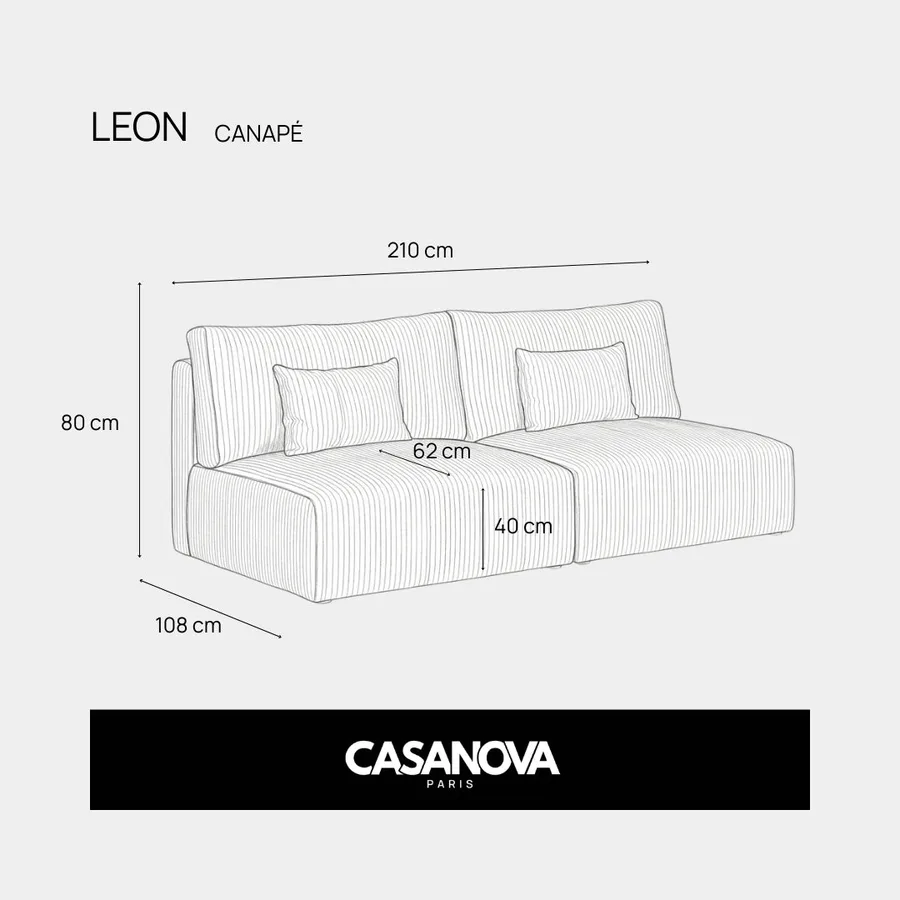 Schéma technique du canapé Leon avec dimensions largeur profondeur et hauteur