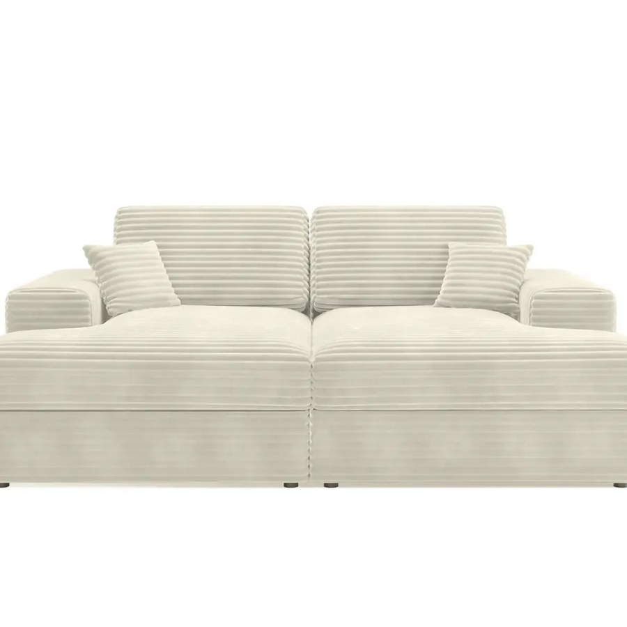 Canapé Lisbonne XL beige en tissu rayé, vue de profil latéral montrant les proportions du canapé.