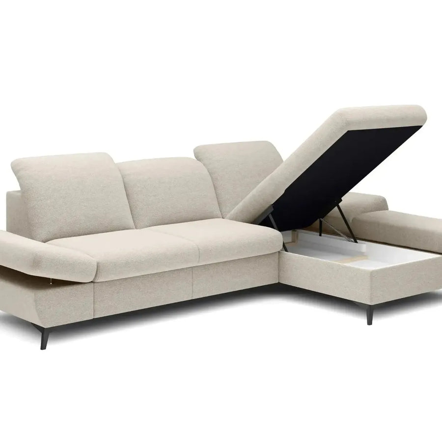 Canapé Livia convertible avec coffre rangement sous méridienne ouvert