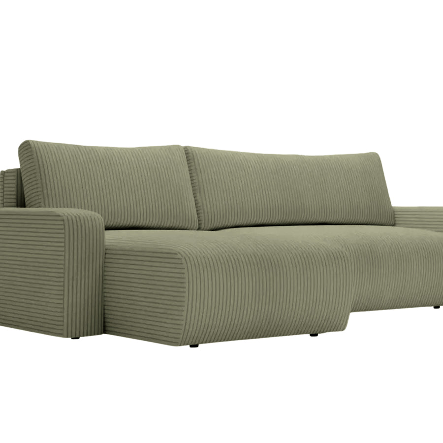 Canapé Lucie angle en tissu vert côtelé vu de face, profondeur et volume visibles