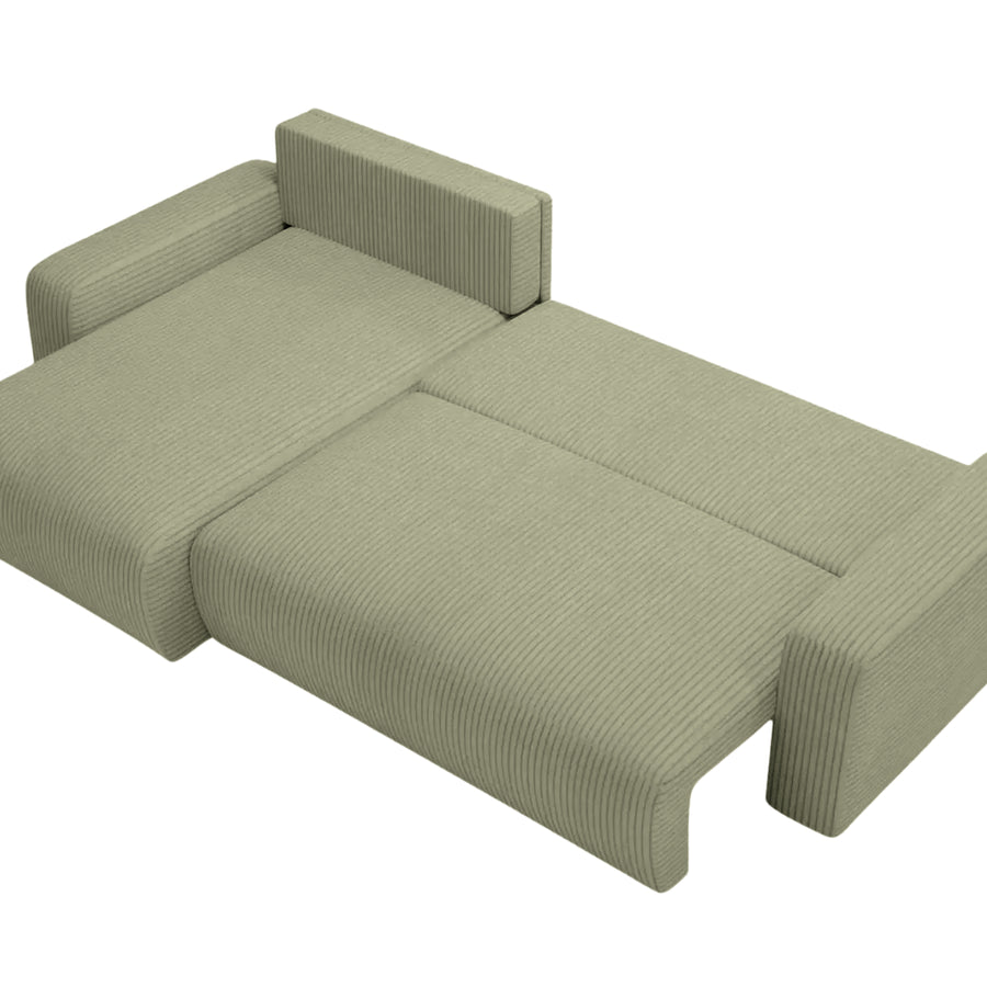 Canapé Lucie convertible dépliée en lit, matelas gris visible, couchage d'appoint