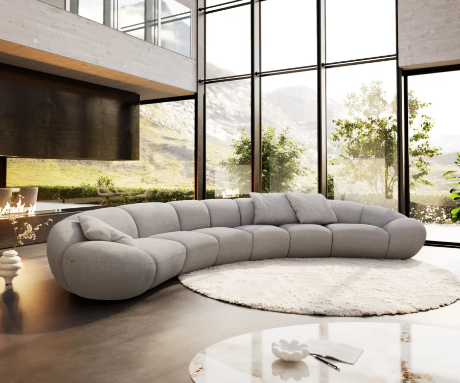 Canapé Lunna coloris big 470x210 bouclé taupe coussins, 470 cm