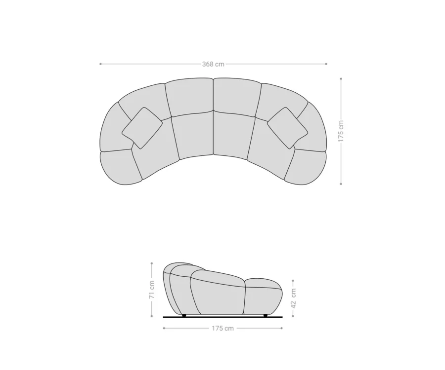 Schéma coté du canapé courbe, vues de dessus et de côté avec dimensions.