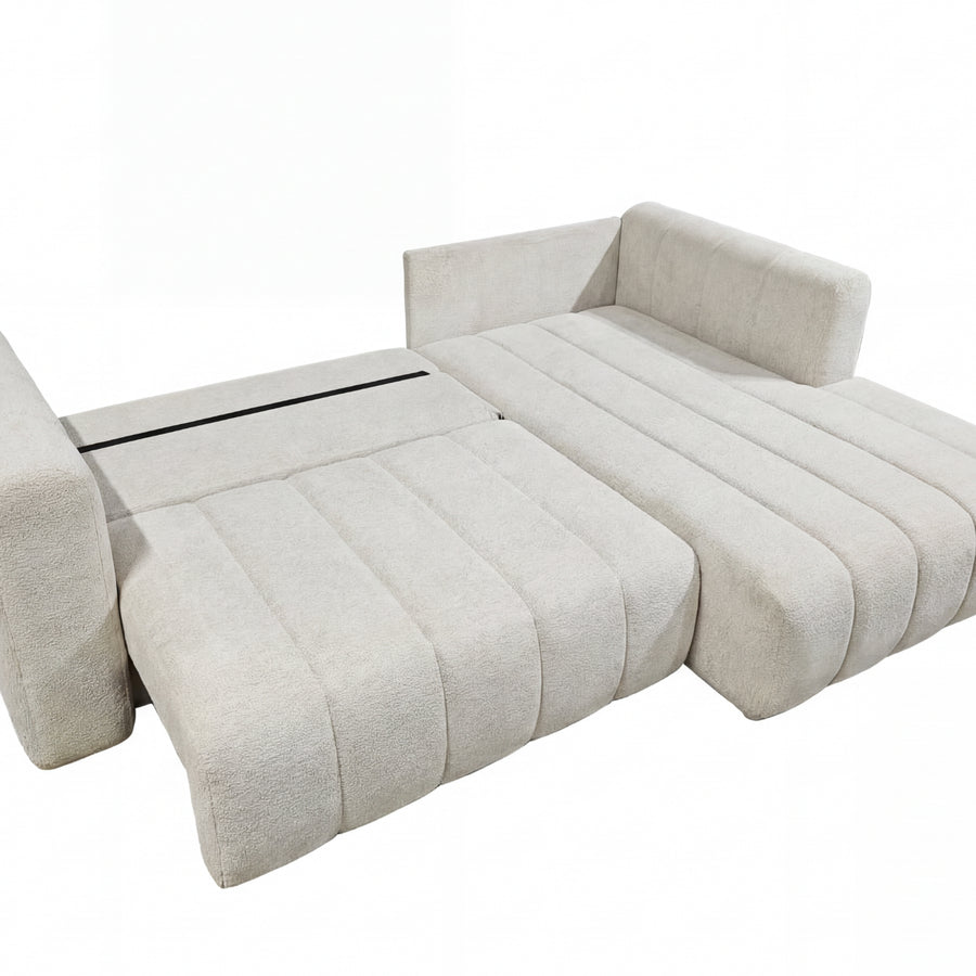 Canapé Marius convertible en tissu beige déplie en lit montrant le mécanisme ouvert