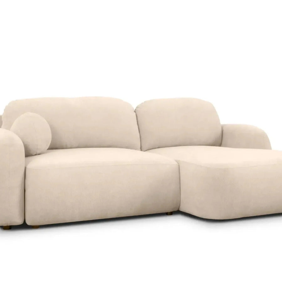 Canapé Martin d'angle en tissu beige vu de profil droit, montrant hauteur et profondeur