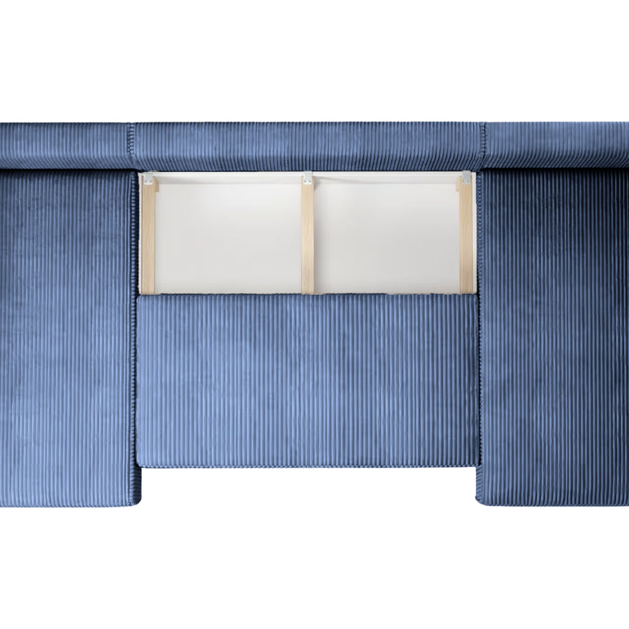 Vue de dessus canapé Maurie bleu montrant l'assemblage en L avec modules et dimensions