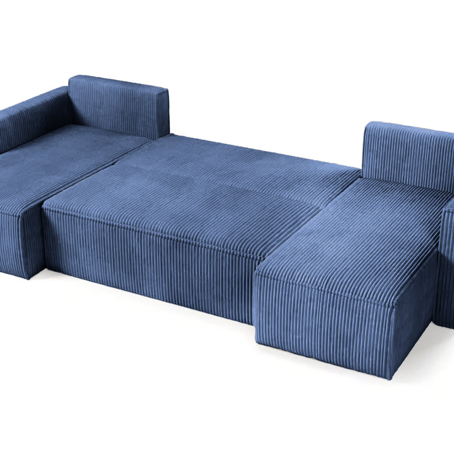 Canapé Maurie convertible bleu déplie en lit, matelas visible, assise relevée