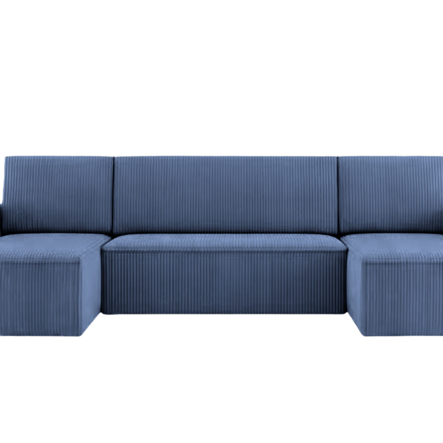 Canapé Maurie bleu panoramique isolé vu de face, tissu côtelé, modules symétriques