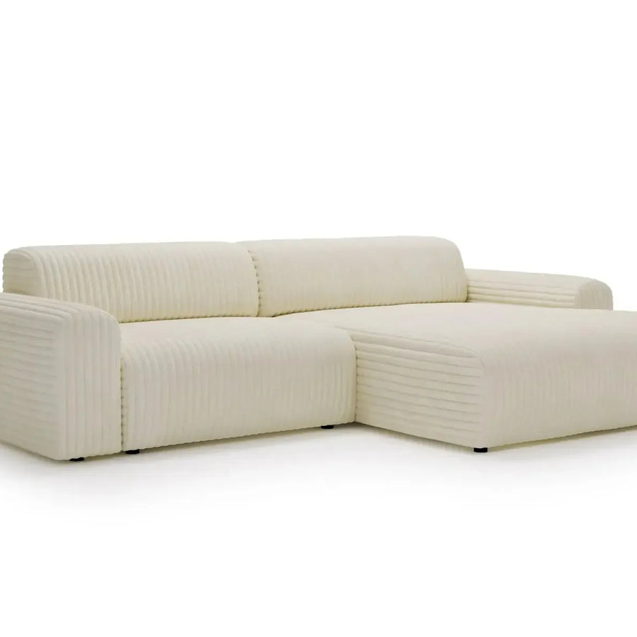 Canapé Mila angle beige tissu rayé, vue de face avec méridienne, trois quarts position