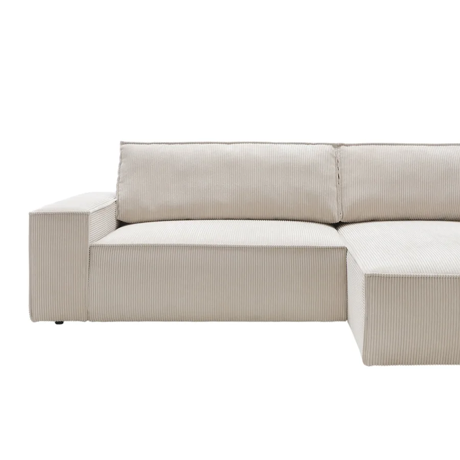 Canapé Napoli angle vu de profil en tissu beige, montrant hauteur et profondeur du modèle.