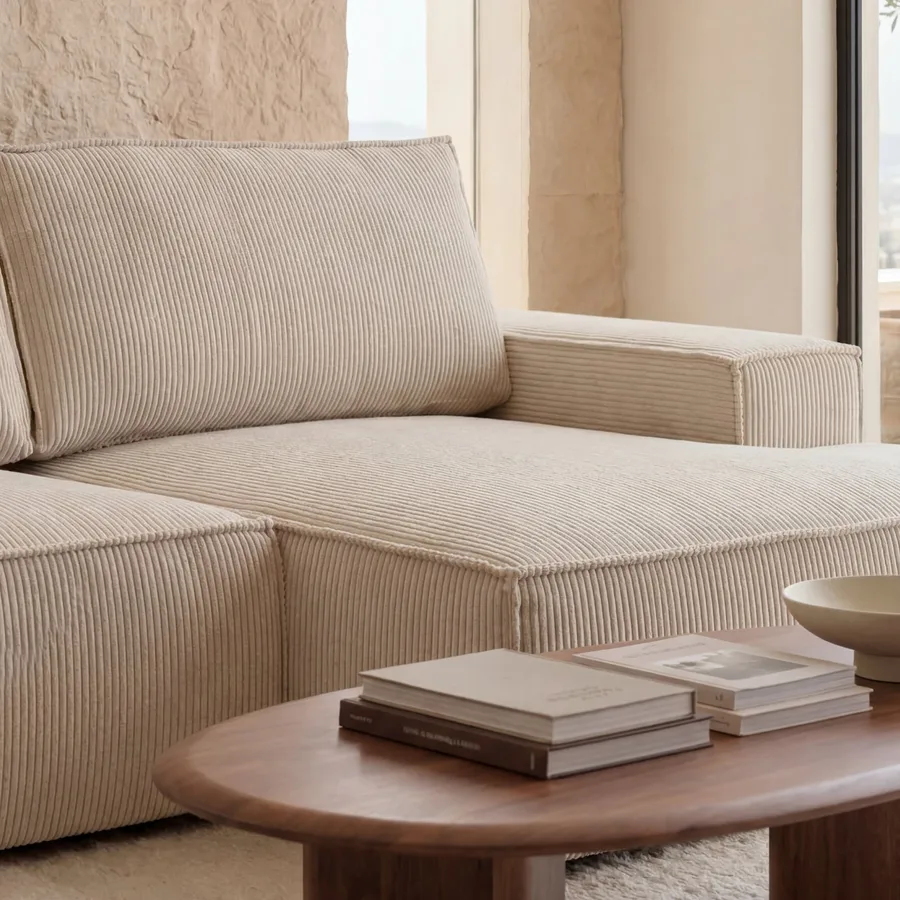 Gros plan des coussins de dossier et accoudoir du canapé Napoli en tissu beige côtelé.