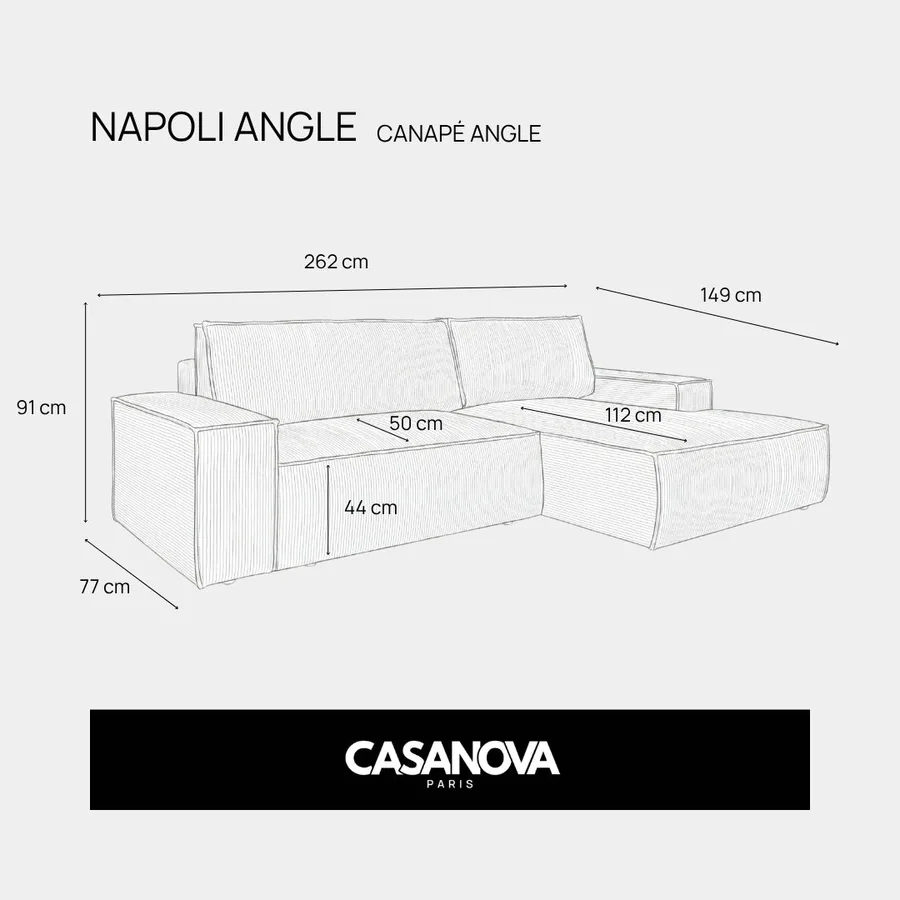 Schéma coté du canapé Napoli angle avec mesures : 262 cm de large, 149 cm de profondeur.
