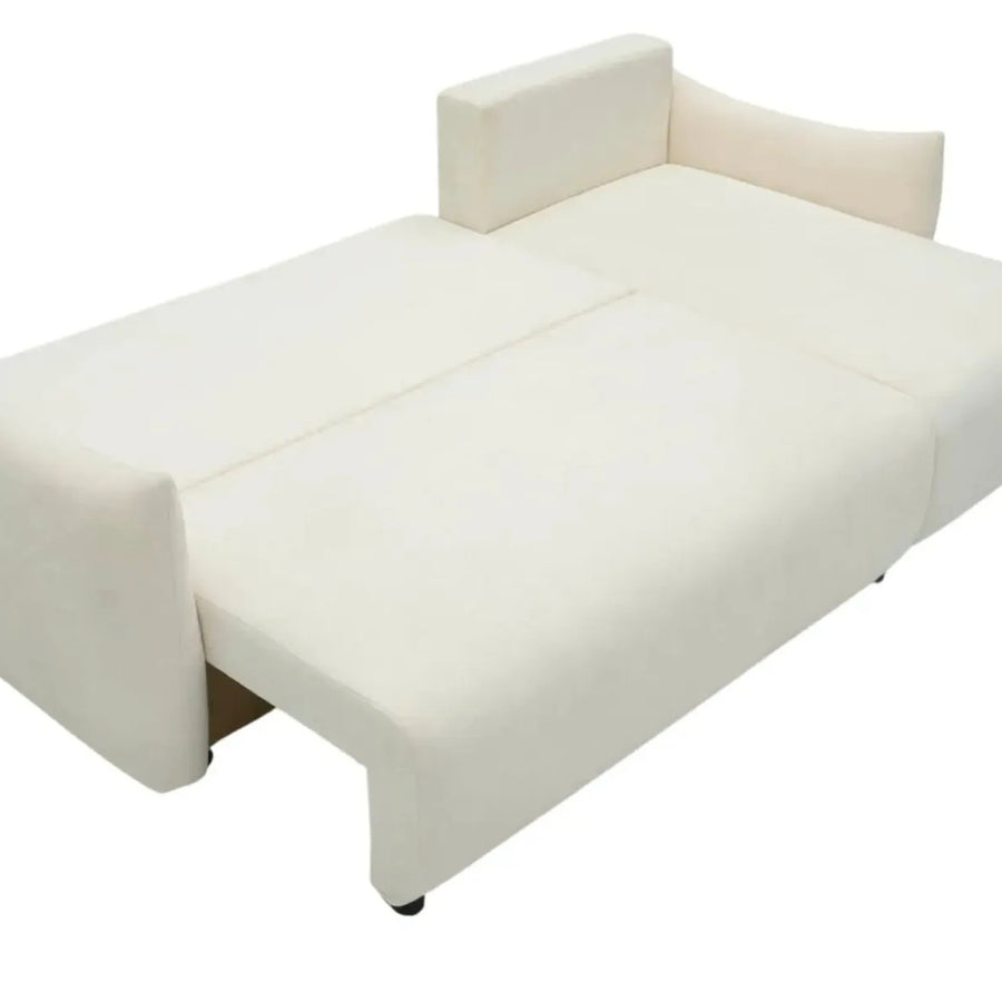 Canapé Océane convertible déplie en lit avec matelas visible en beige.