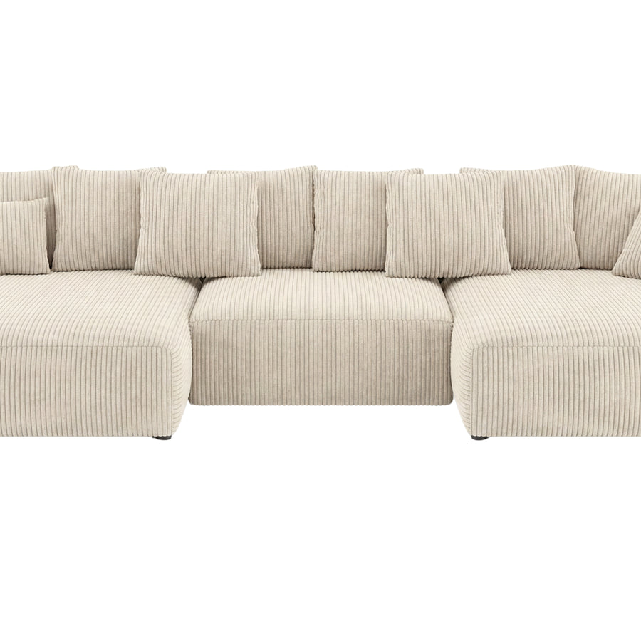Canapé Oli beige en tissu côtelé, vue frontale complète avec configuration panoramique