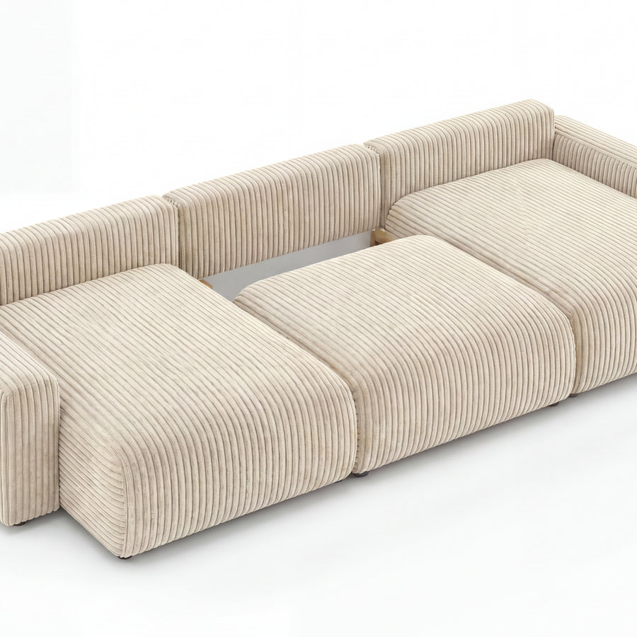 Canapé Oli beige en tissu côtelé, vue latérale trois quarts montrant profondeur et hauteur