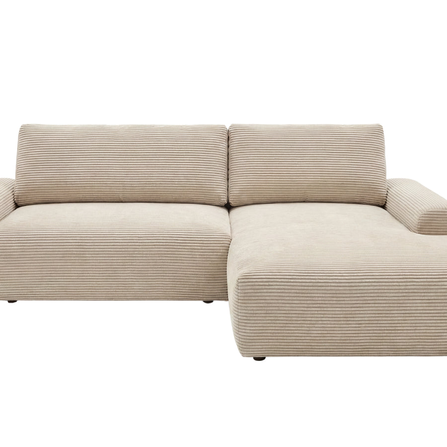 Canapé Olympe angle tissu beige, vue de face, méridienne côté droit