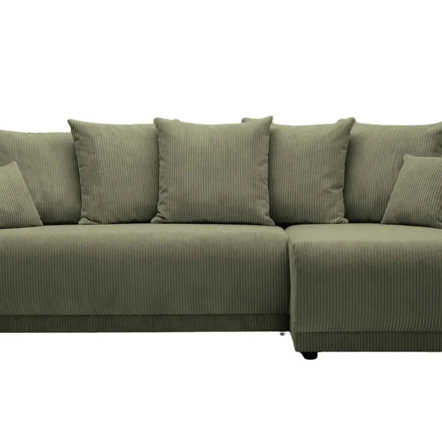 Canapé Rio gris-vert vu de face avec dossier bas et coussin multiples alignés