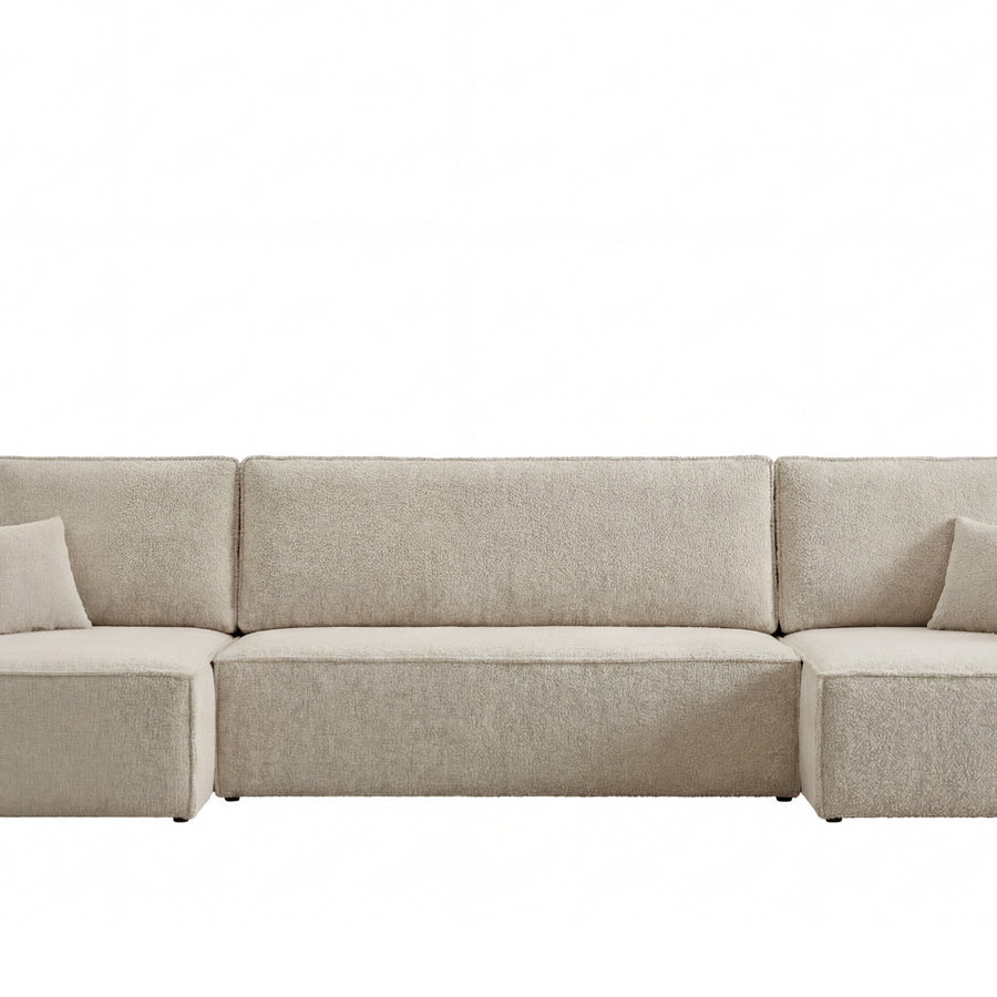 Canapé Romeo panoramique en tissu beige détouré, vue frontale avec pieds et modules