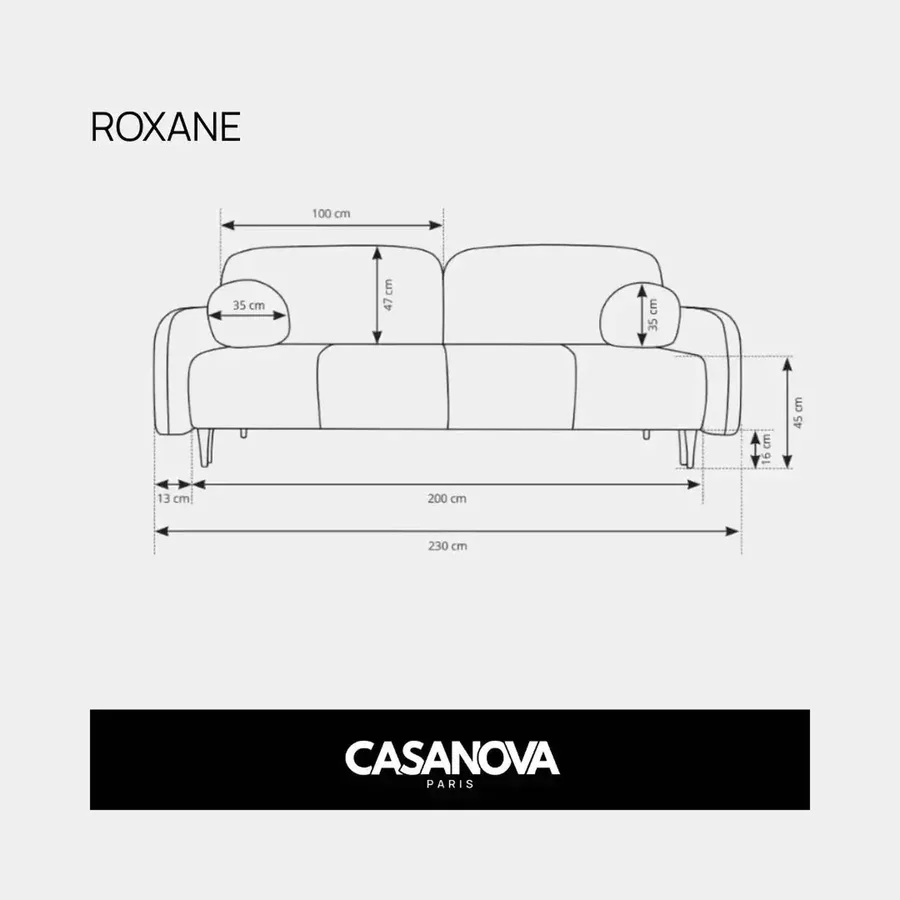 Schéma coté du canapé Roxane avec dimensions en centimètres et composants.