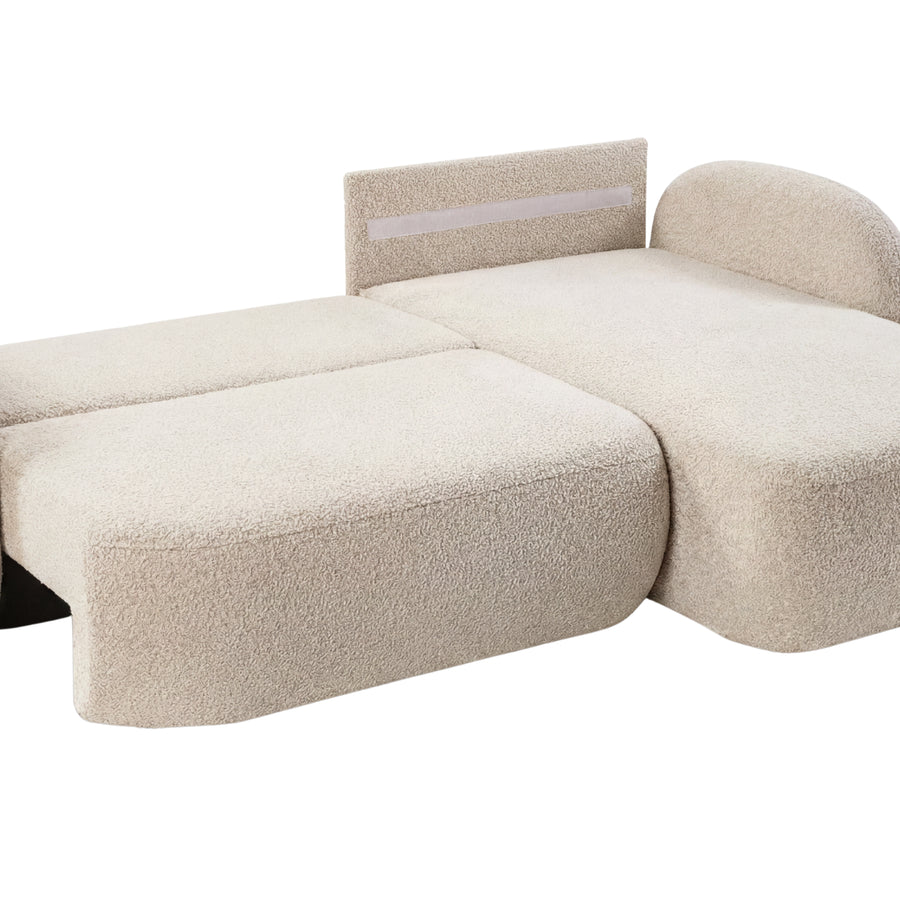 Canapé Santiago convertible en tissu beige avec lit déplie et mécanisme d'ouverture visible
