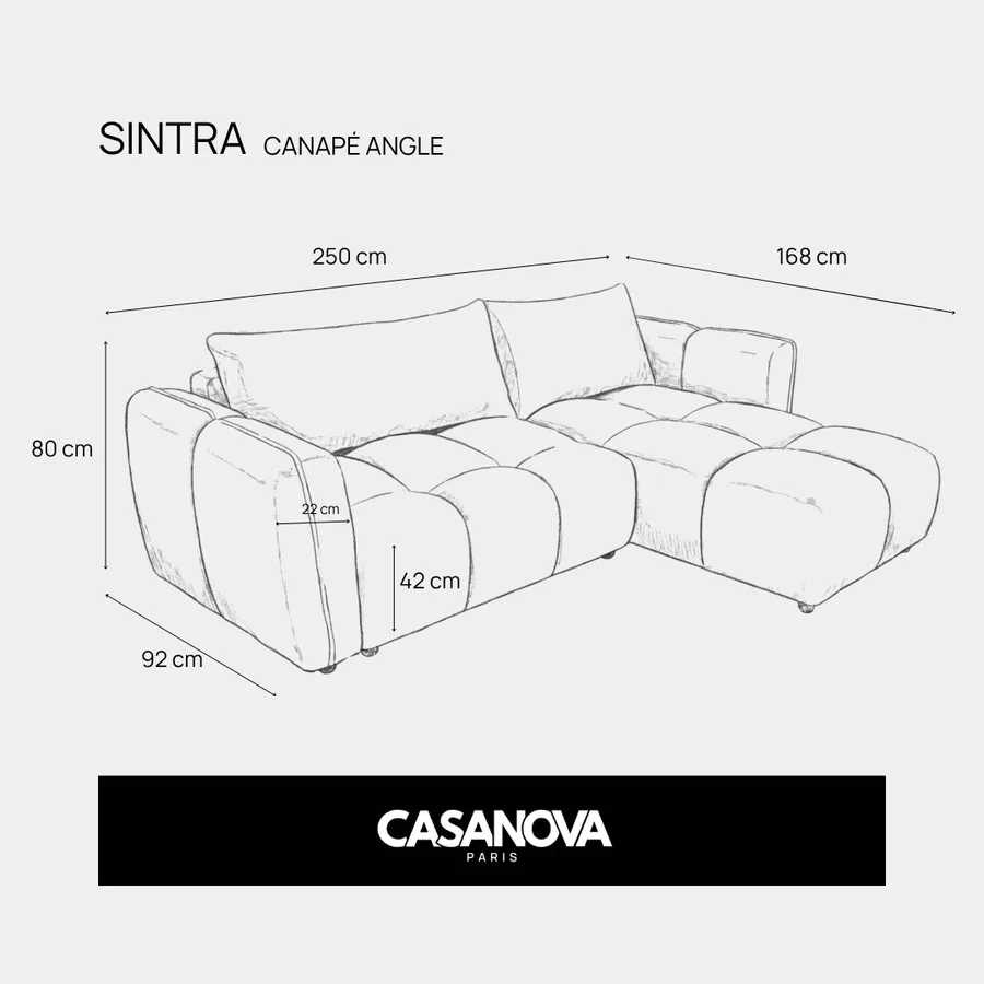 Schéma coté du canapé d'angle Sintra avec mesures en centimètres et indications de dimensions.