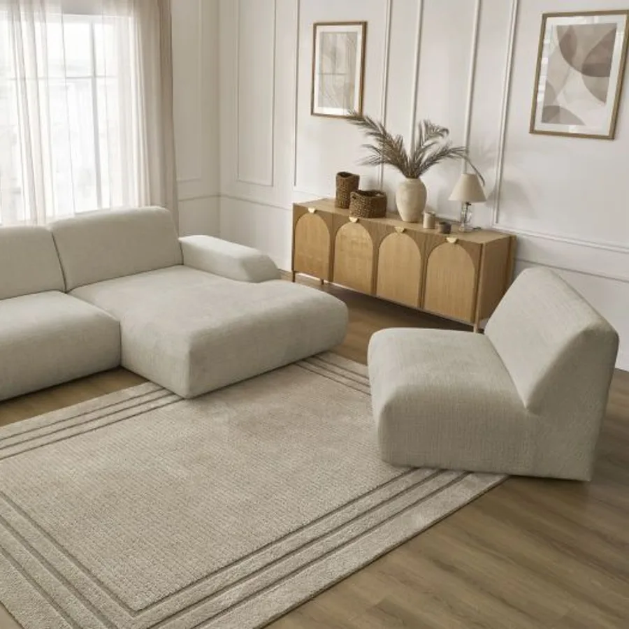 Canapé Sirius modulable beige clair, trois éléments configurés en U, vue perspective