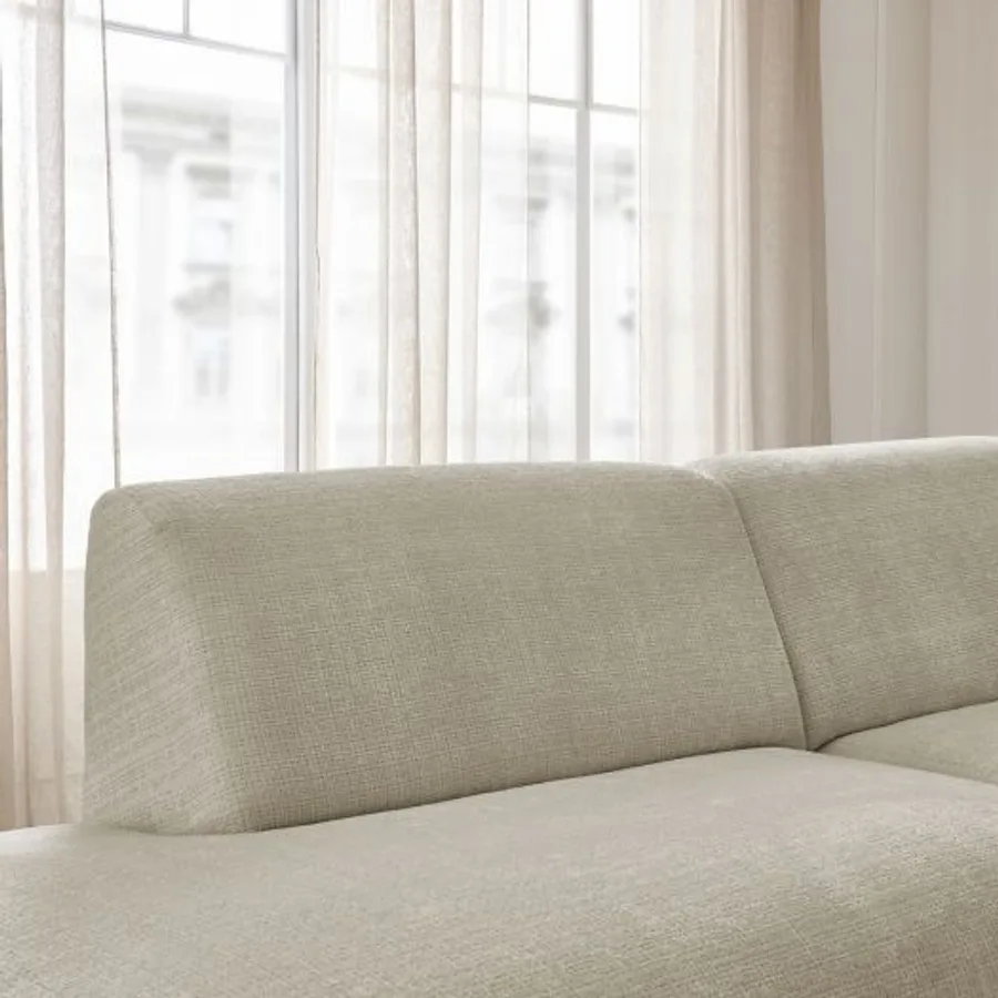 Canapé Sirius angle droit beige clair, vue latérale avec profondeur et hauteur visibles
