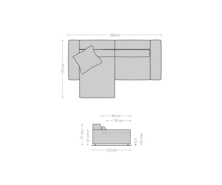 Schéma coté du canapé d'angle Sirpio avec mesures : 266 cm de largeur, 173 cm de profondeur