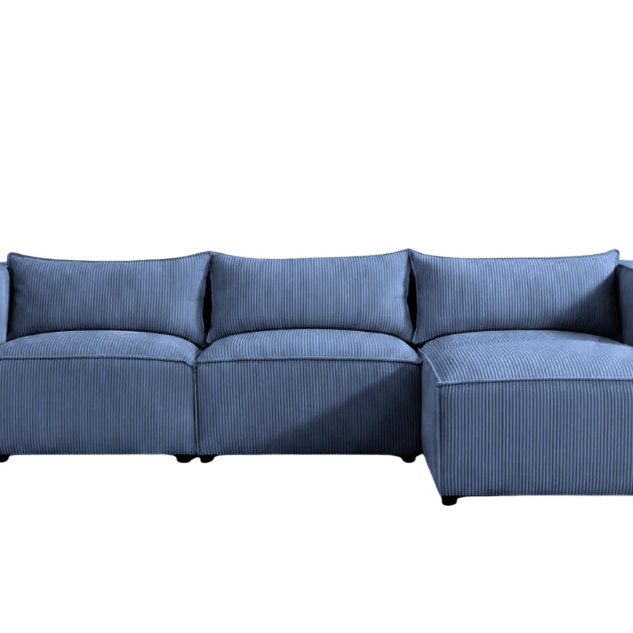 Canapé Suzanne trois places bleu avec chaise longue angle, vue frontale détourée.